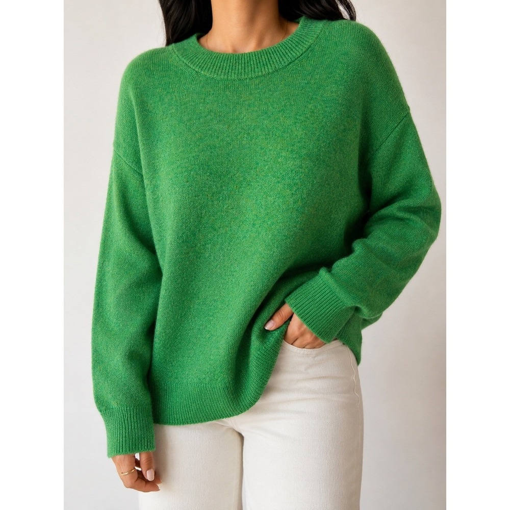 HM Womens Crew Neck Sweater XS Kelly Green Marled Knit Long Sleeve Relaxed Fit